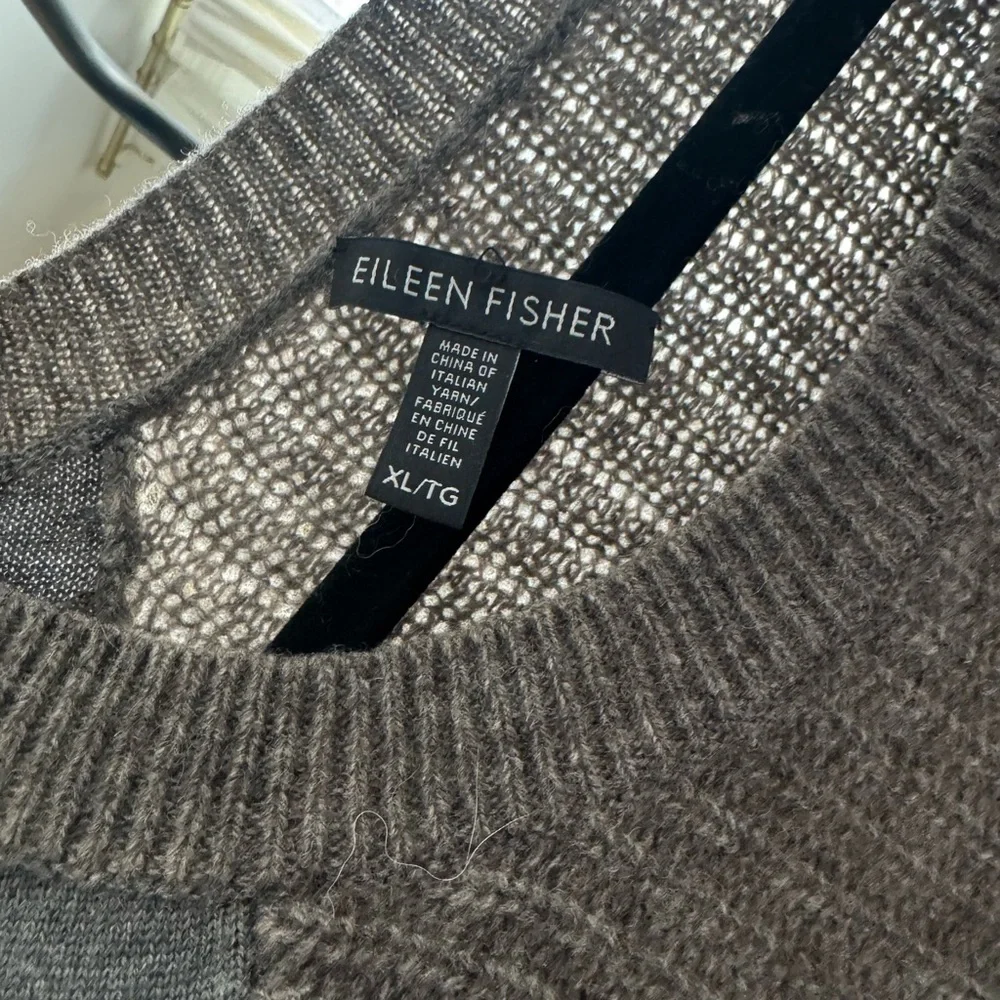 EILEEN FISHER Gray Knit Crewneck Sweater with Brown Leather Elbow Patches - Picture 3 of 6